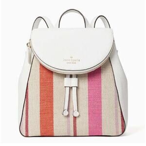 Kate Spade Leila Flap Striped Canvas Backpack Pebbled Leather Pink White